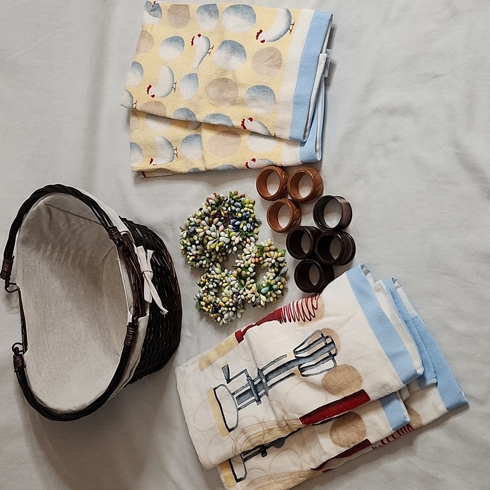 Weaved Basket, Shell Candle Decorations, Napkin Holders and Kitchen Towel Set